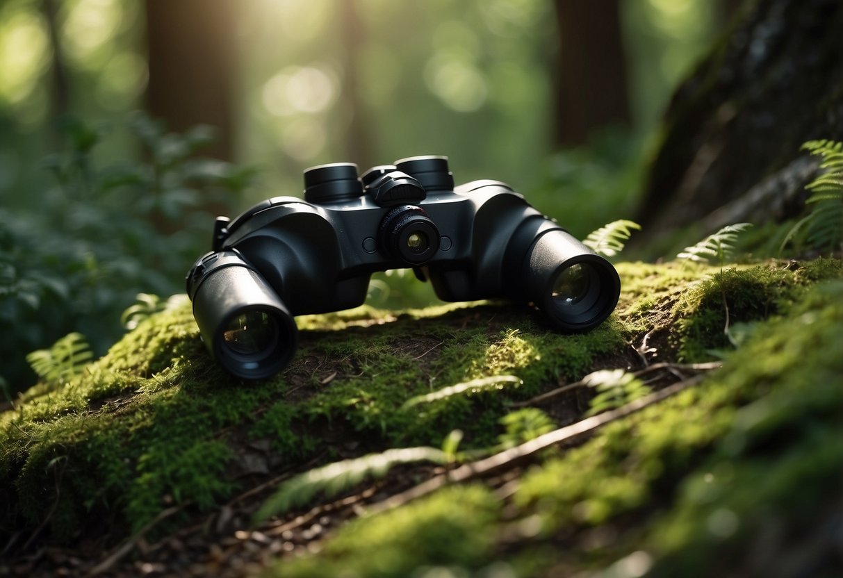 Lush green forest with a winding trail. Binoculars and camera gear strewn on the ground. Birds chirping and animals rustling in the distance. Sunlight filtering through the canopy