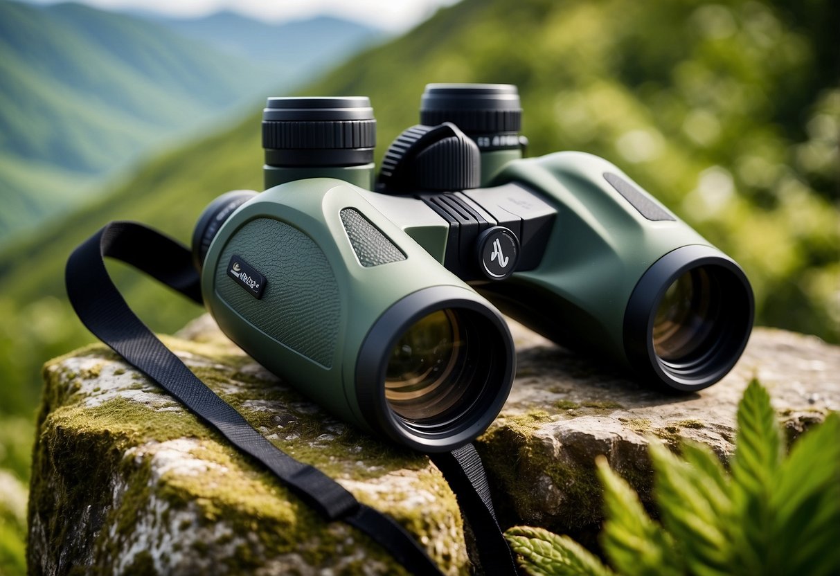 A pair of high-quality binoculars rests on a rocky ledge, surrounded by lush green foliage. In the background, a serene landscape stretches out, inviting wildlife watchers to stay motivated on their long trips