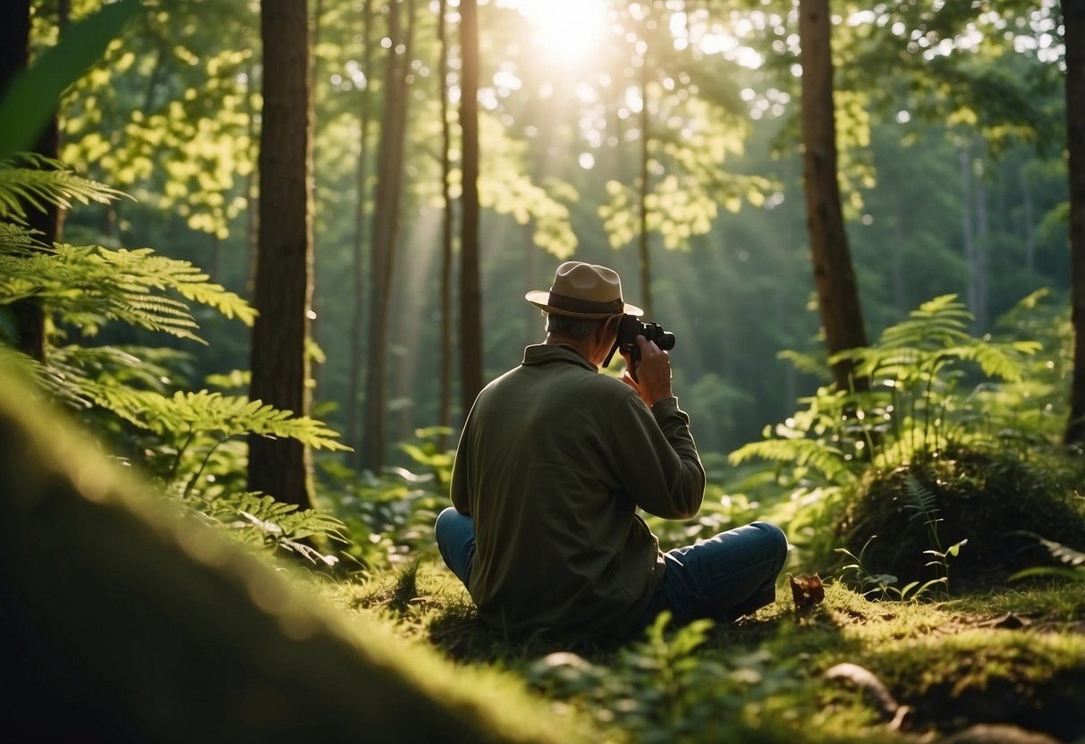 A person in comfortable clothing sits with binoculars in a lush, green forest, surrounded by wildlife. The sun is shining, and there is a sense of tranquility and focus in the air