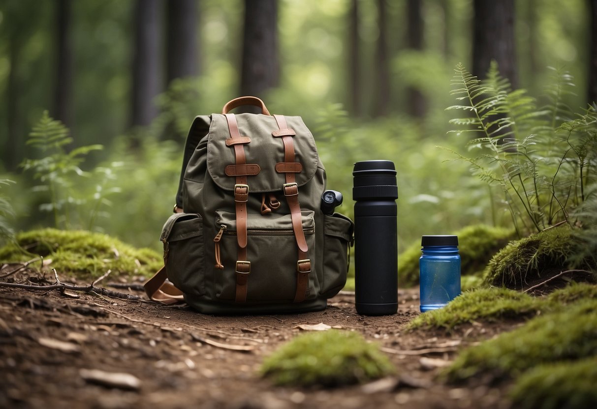 A hiker's backpack open on the ground, with a field guide, binoculars, and a water bottle spilling out. A trail winds off into the distance, surrounded by trees and wildlife