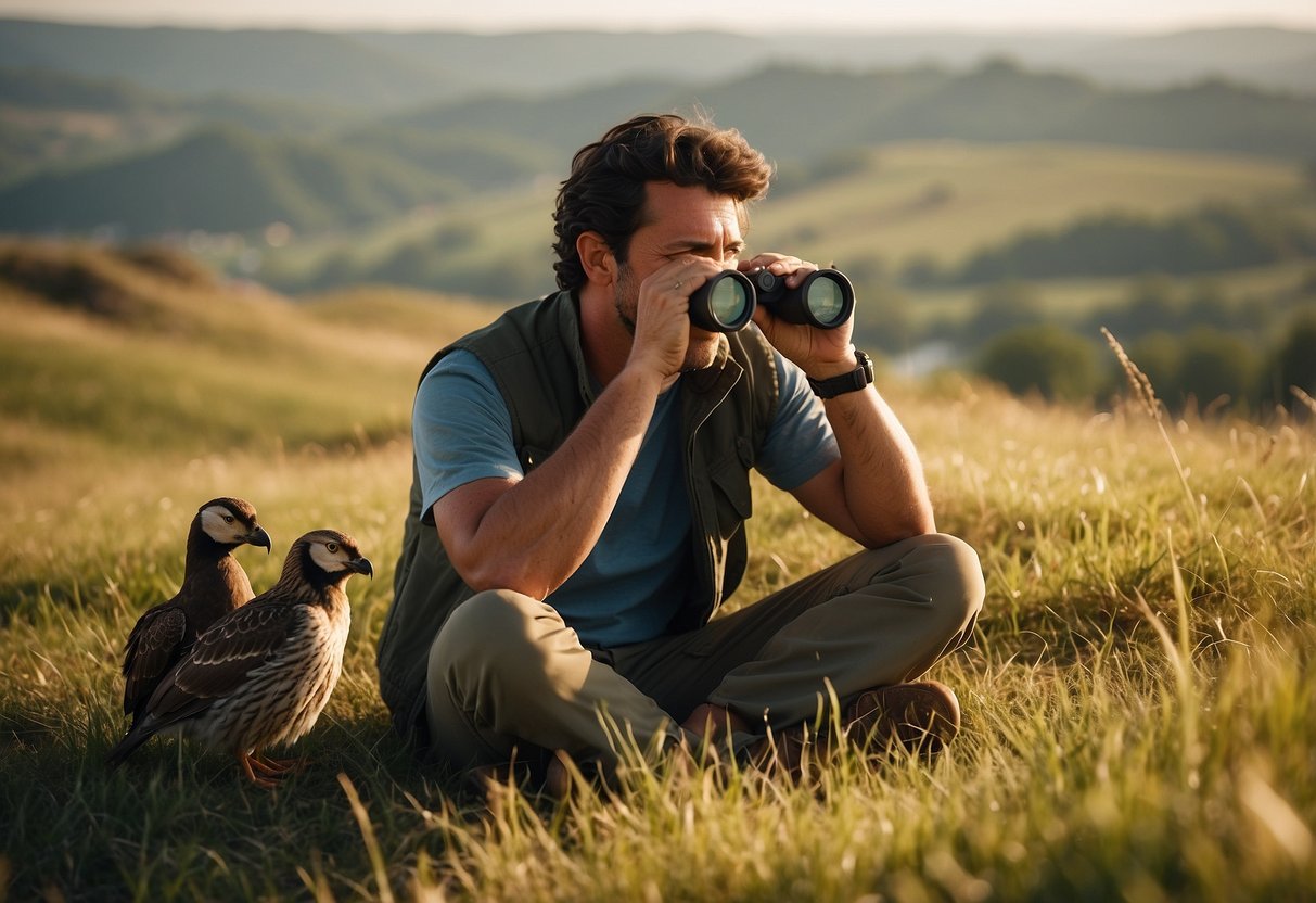 A wildlife watcher sits with binoculars, water bottle, and snacks on a grassy hill. Birds and animals are visible in the distance. The sun is shining, and the watcher looks focused and motivated