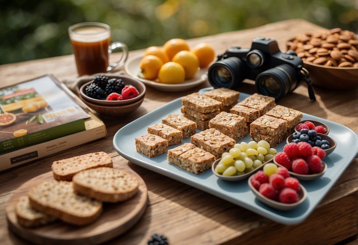 A table with an assortment of snacks, including fruits, nuts, and granola bars. A pair of binoculars and a wildlife guidebook are placed next to the snacks