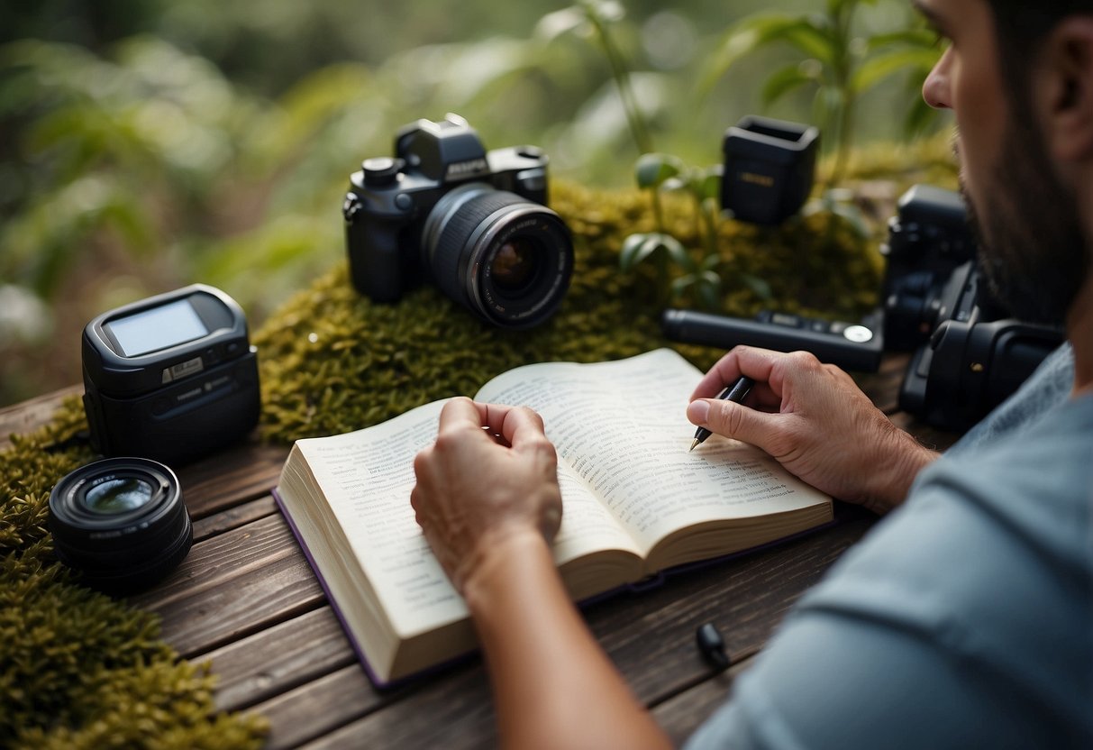 A person's hand holding a journal open with a pen next to it, surrounded by nature and wildlife watching equipment