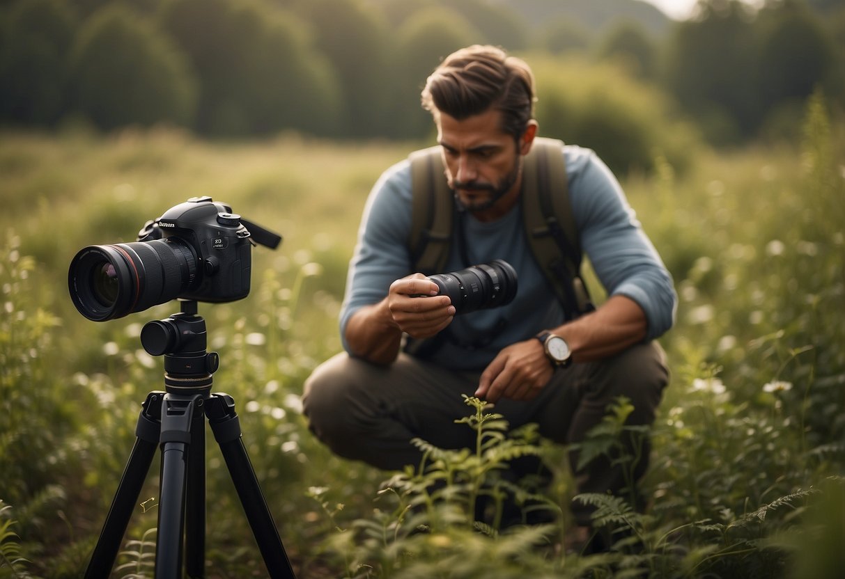 A person setting up a high-quality camera on a tripod in a lush, natural setting, surrounded by wildlife and equipped with binoculars and a field guide