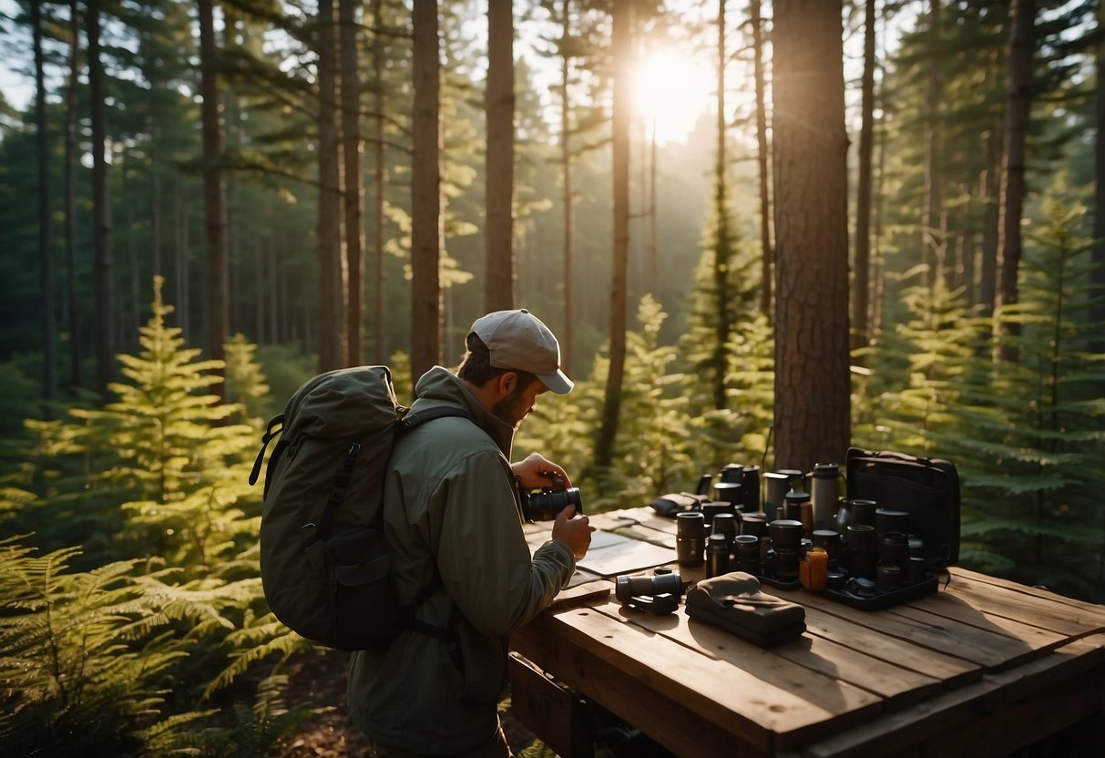 A wildlife watcher packs gear, maps, and snacks. They check their camera and binoculars. A checklist hangs on the wall. The sun rises over a forest