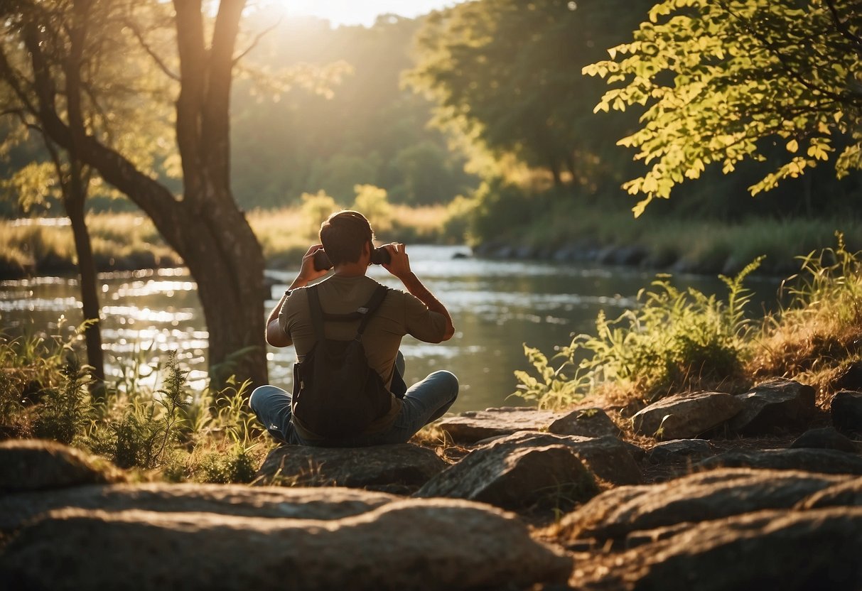 A person sitting in a peaceful, natural setting, surrounded by wildlife. They are focused and engaged, using binoculars to observe and take notes. The sun is shining, and there is a sense of calm and determination in the air