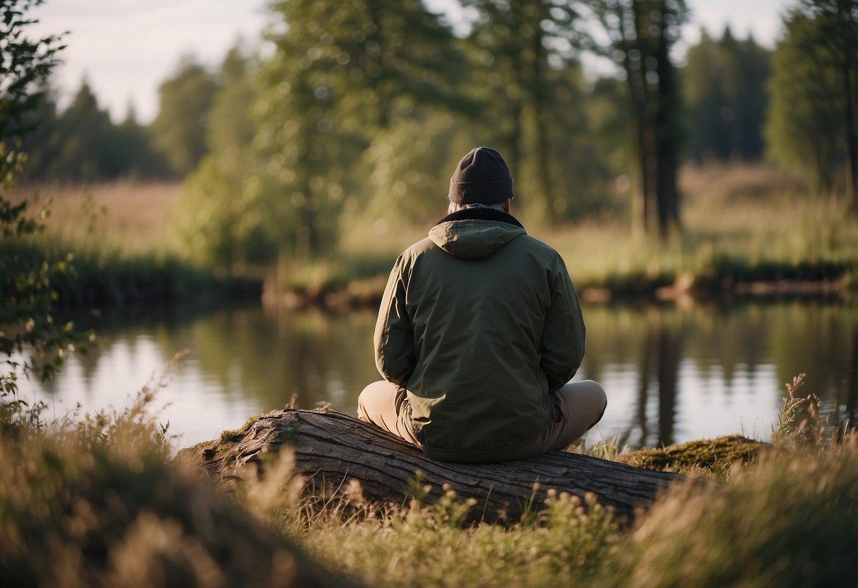 A person wearing comfortable pants, sitting in a wildlife watching hide, surrounded by nature and observing animals