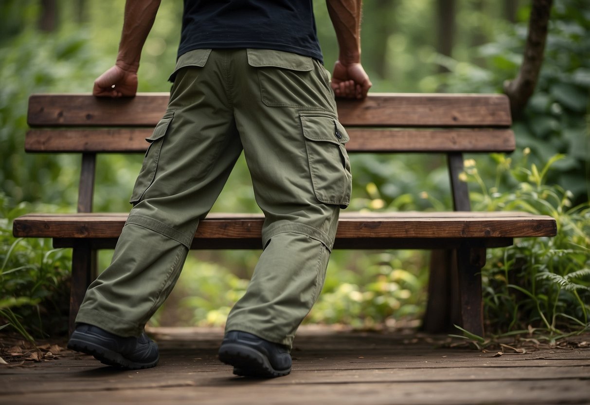 A pair of KÜHL Renegade Cargo Convertible Pants rests on a rustic wooden bench, surrounded by lush green foliage and the sounds of wildlife