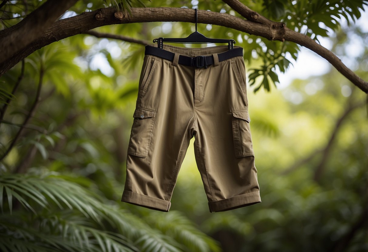 A pair of REI Co-op Sahara Guide Convertible Pants hanging on a tree branch, surrounded by lush green foliage and wildlife