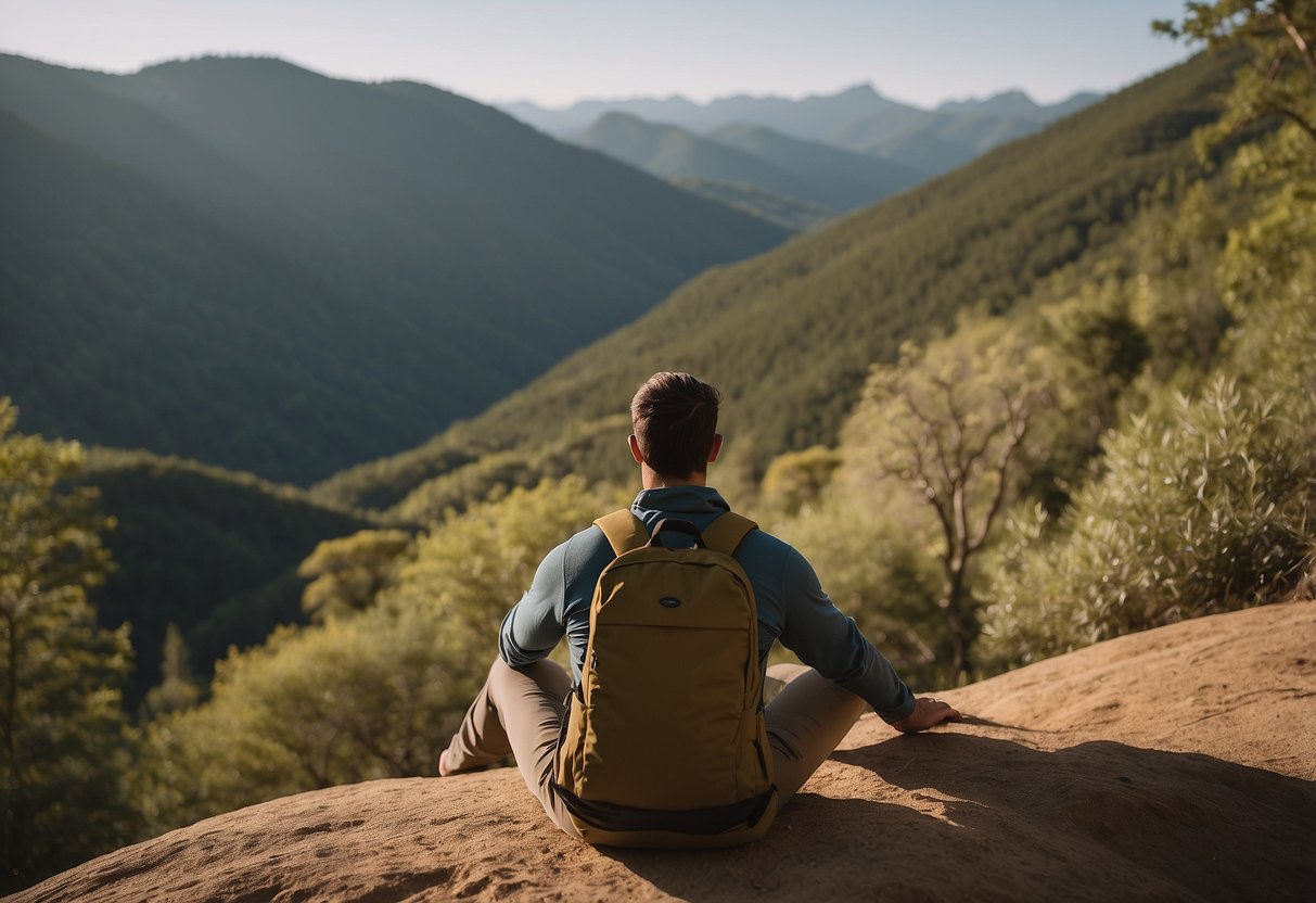 A person wearing prAna Stretch Zion Pant II sits comfortably in a wildlife watching setting, surrounded by nature and animals