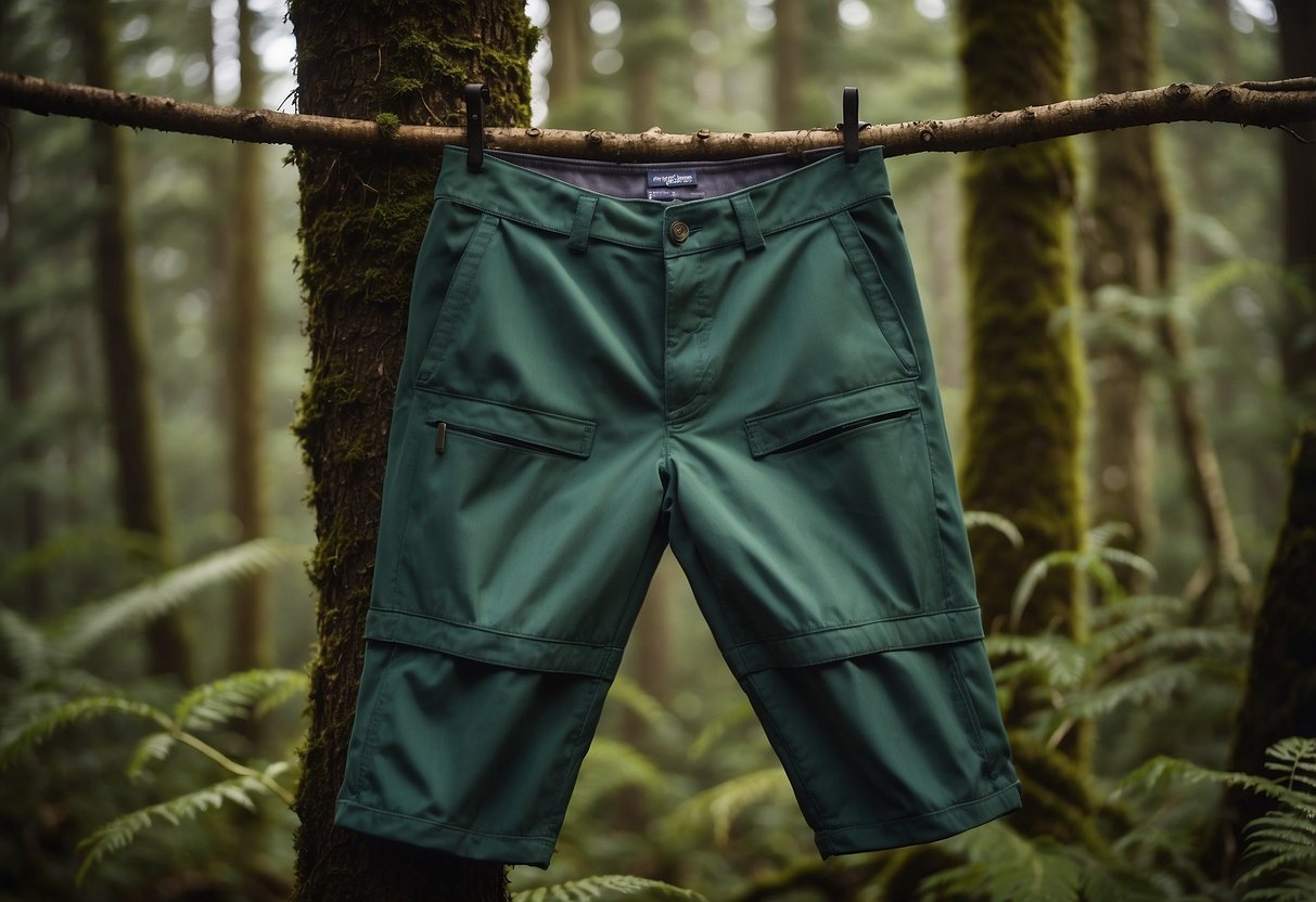 A pair of Patagonia Quandary Pants hanging from a tree branch in a lush, green forest, with various wildlife peeking out from behind the trees