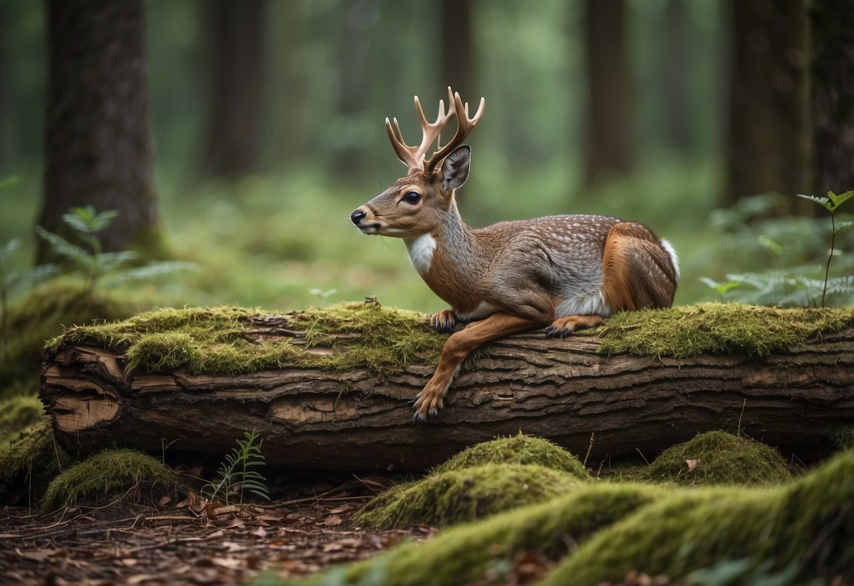 A serene forest clearing with a variety of wildlife, including deer, birds, and squirrels. A pair of comfortable, durable pants are laid out on a fallen log, surrounded by nature