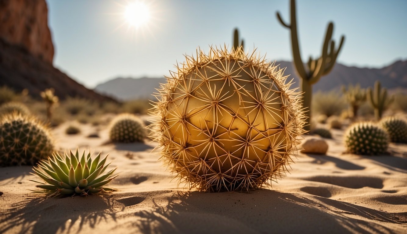 A golden ball cactus stands tall in a sandy desert, its round, spiky form glistening in the sunlight. Surrounding it, small rocks and dry shrubs dot the arid landscape