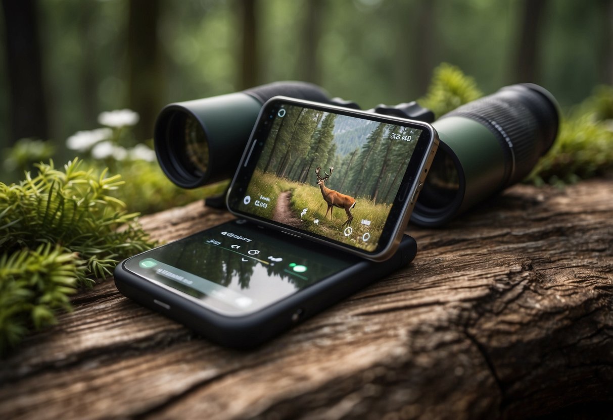 Wildlife apps displayed on a smartphone with a forest background, binoculars, and a bird guide book nearby