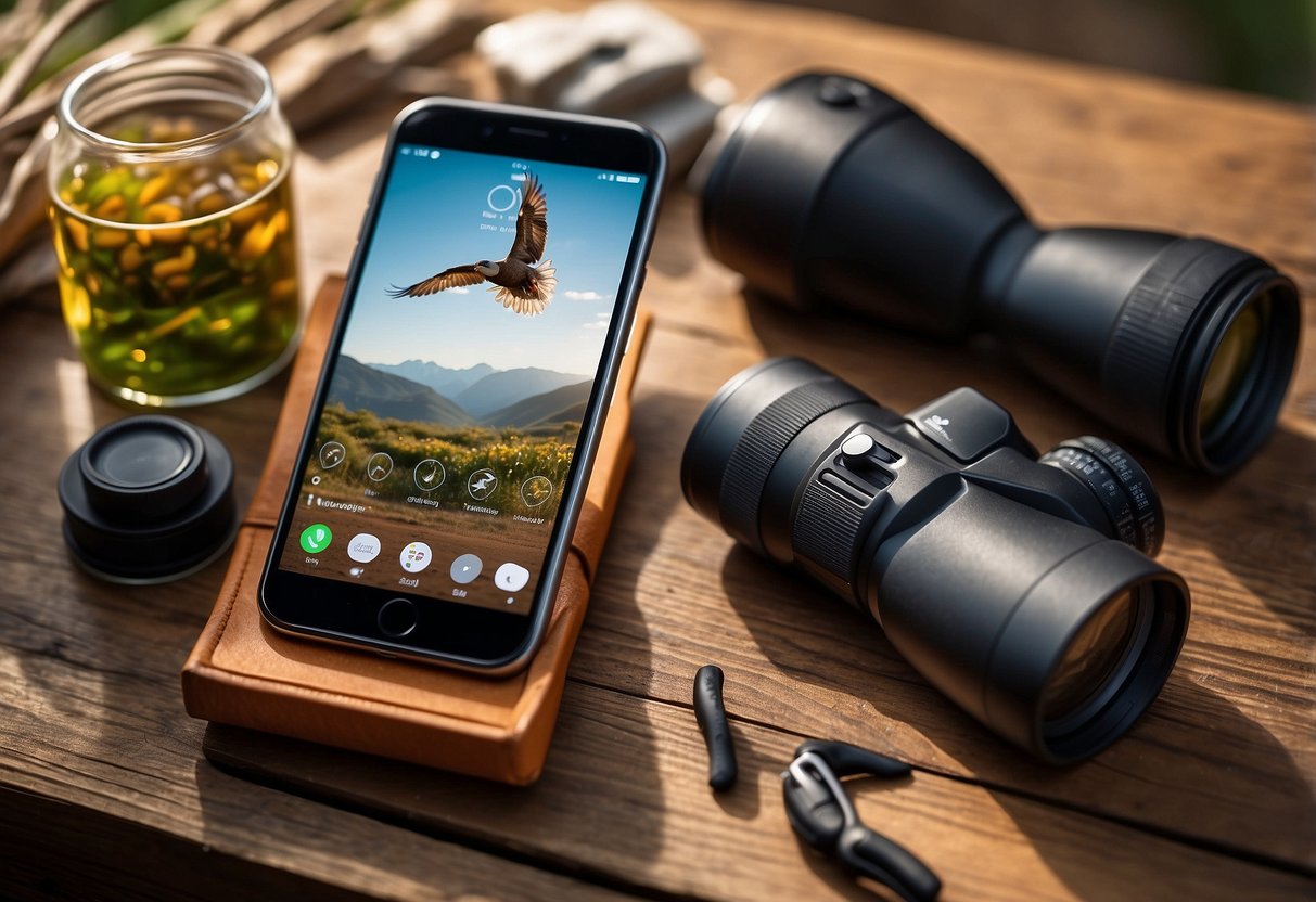 A smartphone displaying the eBird app with bird illustrations, surrounded by binoculars, a field guide, and a nature journal on a wooden table