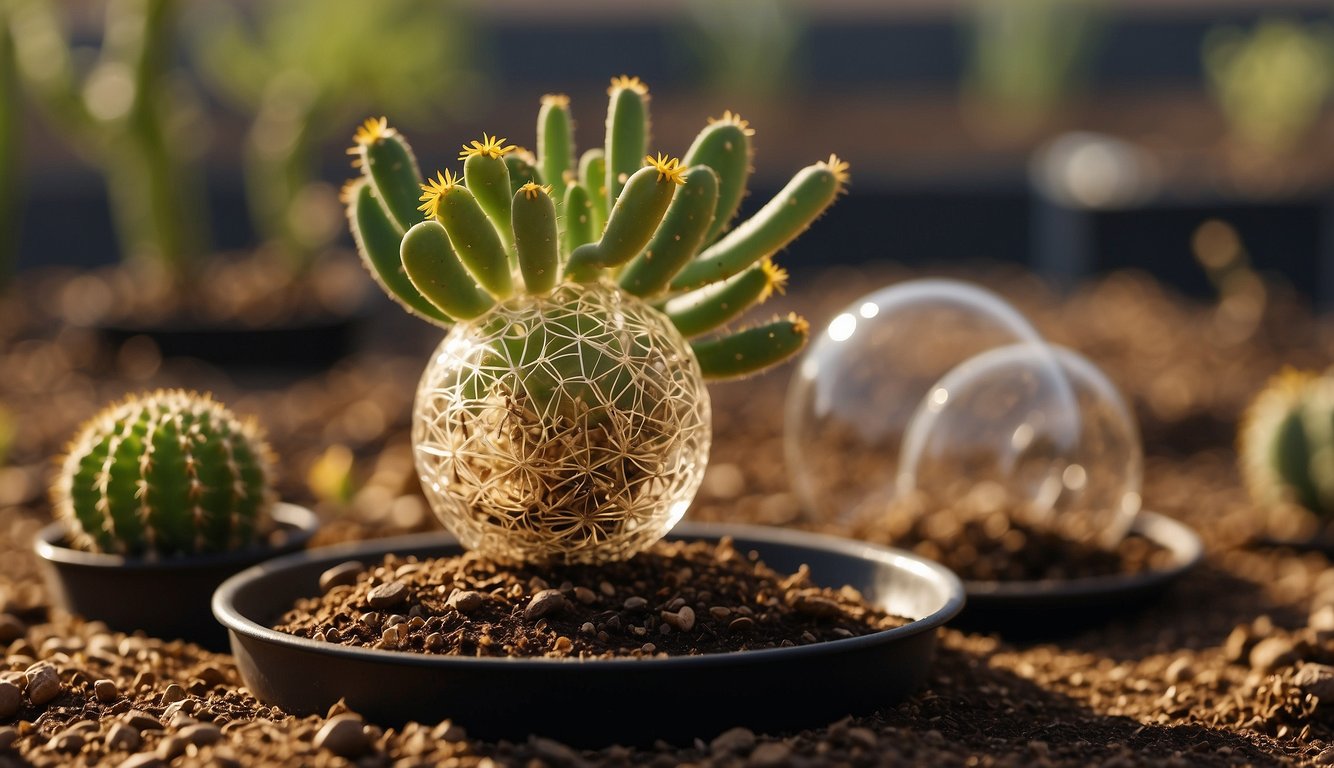 Golden ball cactus cuttings placed in soil, with new roots sprouting. A misting bottle and propagation tray nearby