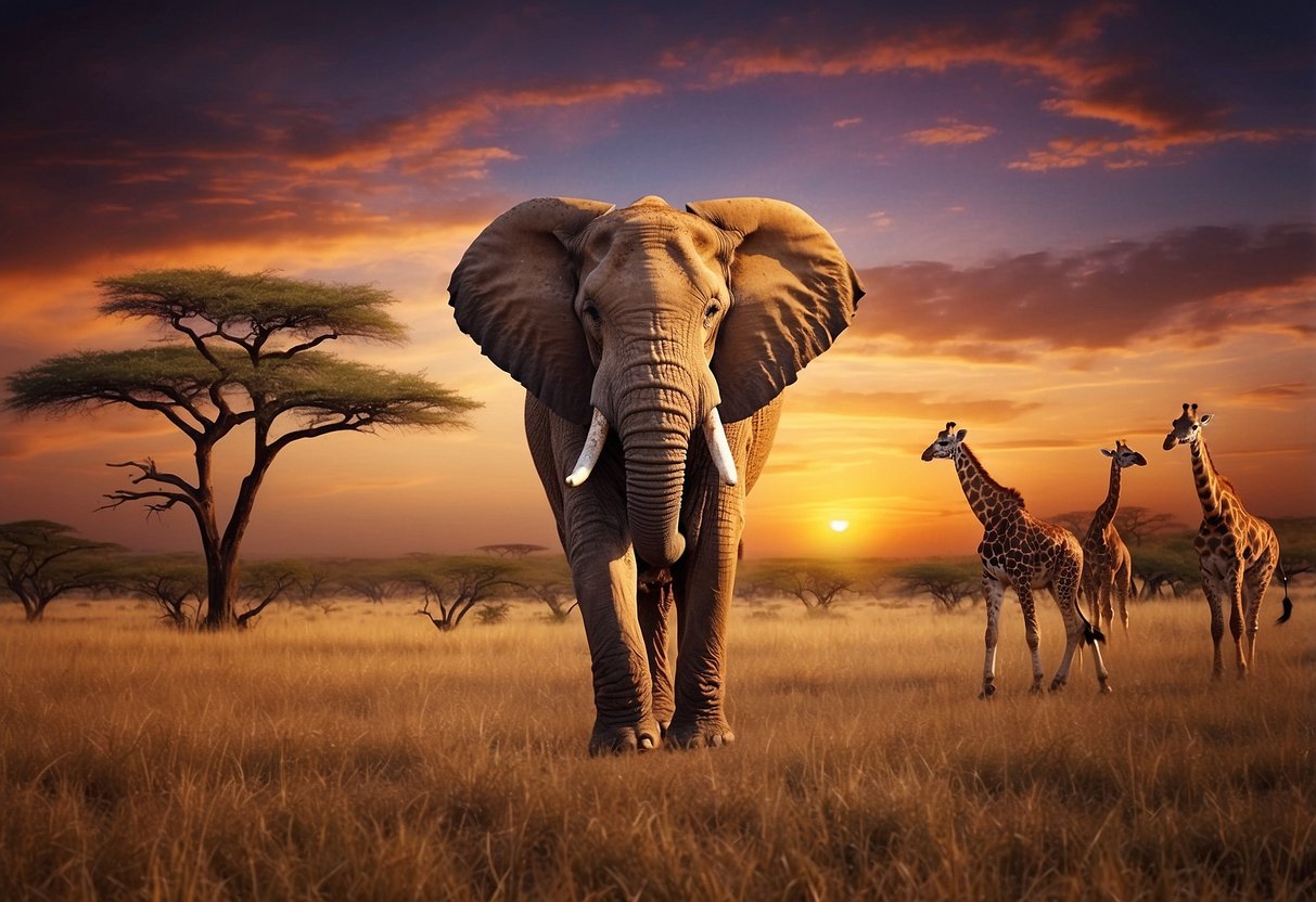 A colorful array of wildlife, including elephants, lions, and giraffes, roam freely across the vast savanna. A majestic sunset paints the sky in shades of orange and purple, casting a warm glow over the breathtaking landscape