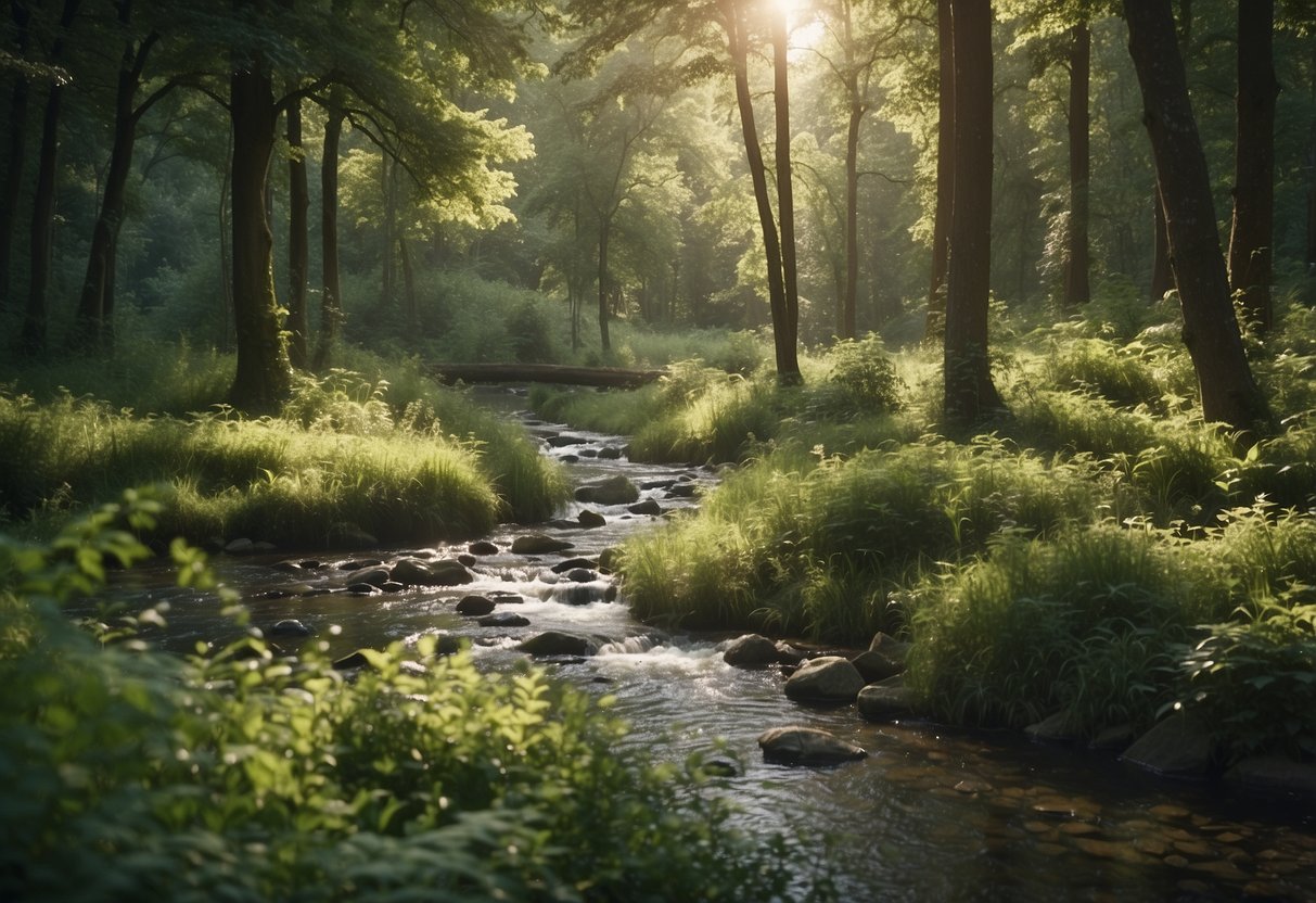 A serene forest clearing with diverse wildlife, including birds, deer, and rabbits, surrounded by lush vegetation and a gentle stream