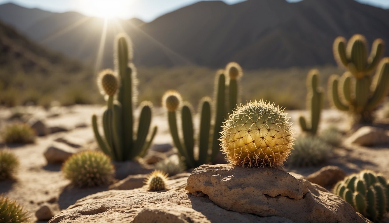 A golden ball cactus struggles to survive in rocky, arid terrain, facing harsh sunlight and limited water