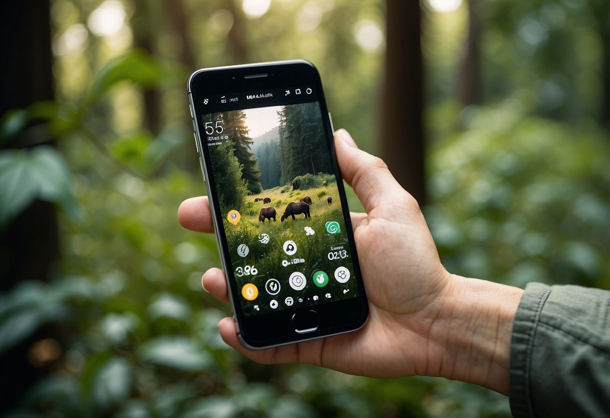 The wildlife watching app icons displayed on a smartphone screen, with images of animals and nature scenes, surrounded by a lush green forest background