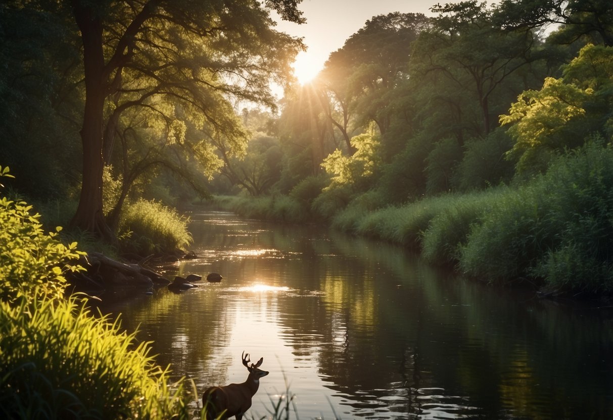 Lush greenery surrounds a tranquil river, where a variety of wildlife can be seen. Birds soar overhead, while deer graze peacefully on the banks. The sun casts a warm glow, creating the perfect setting for wildlife watching