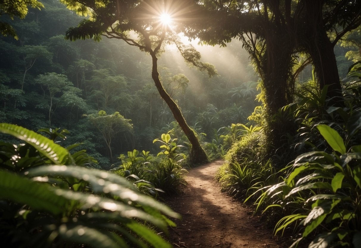 Lush jungle with winding trails, diverse wildlife, and knowledgeable guides leading small groups. Sunlight filters through the canopy, illuminating colorful birds and elusive mammals