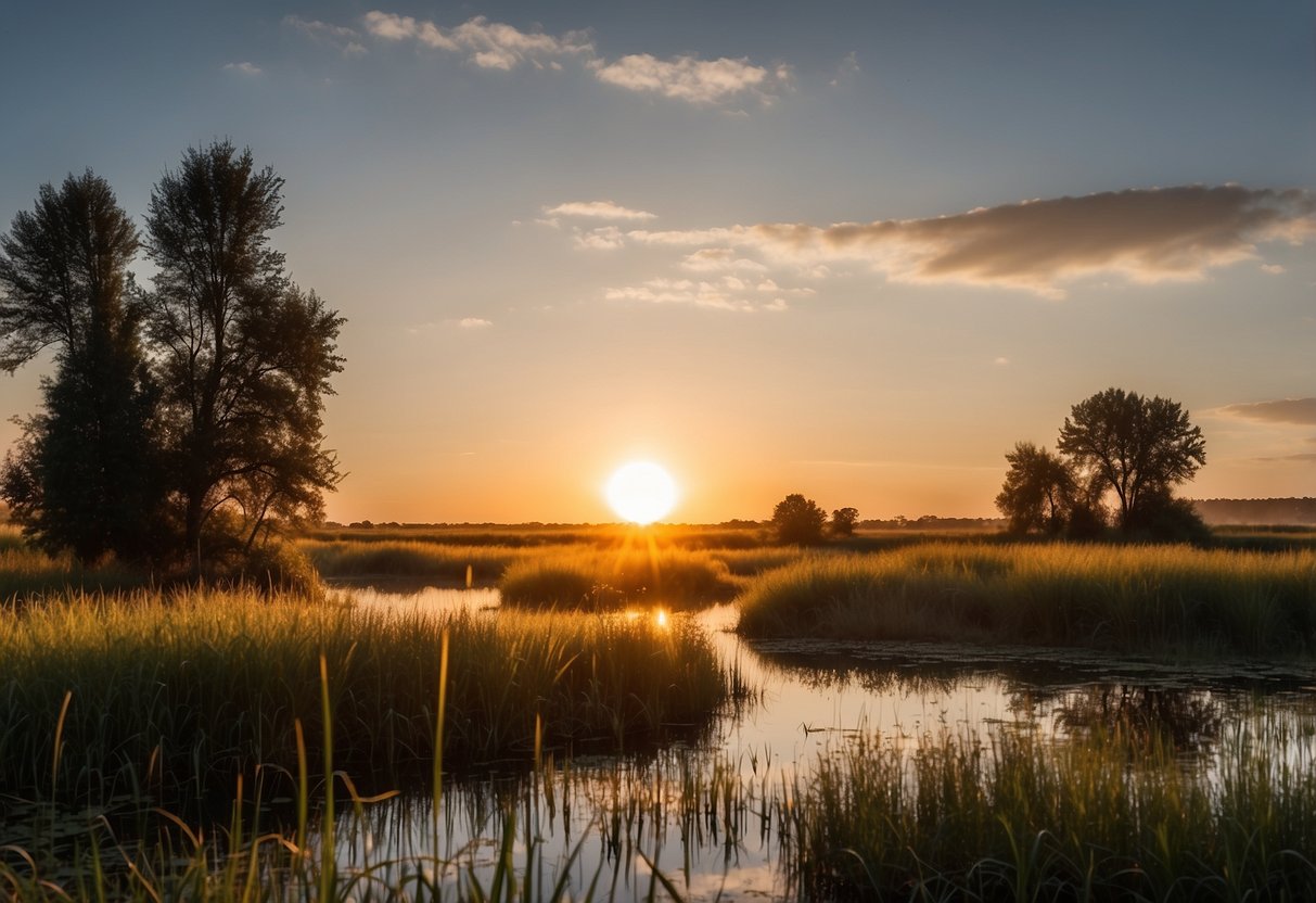 The wetlands glow with the warm light of sunrise or sunset. Wildlife roams freely, creating the perfect spot for wildlife watching