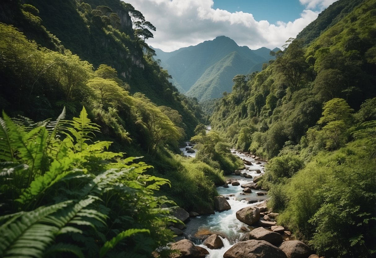 Lush green mountains with winding trails. Colorful birds and elusive animals peeking out from dense foliage. Clear streams and waterfalls. A serene, untouched paradise for wildlife enthusiasts