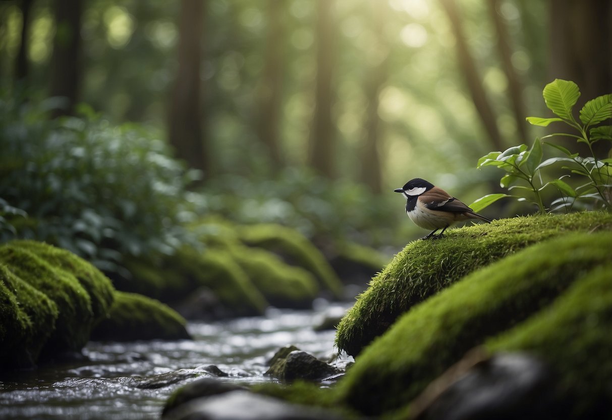 Lush green forest with diverse wildlife, birds singing, and a tranquil river flowing. Wildlife clubs gather, exchanging tips for spotting animals in their natural habitat