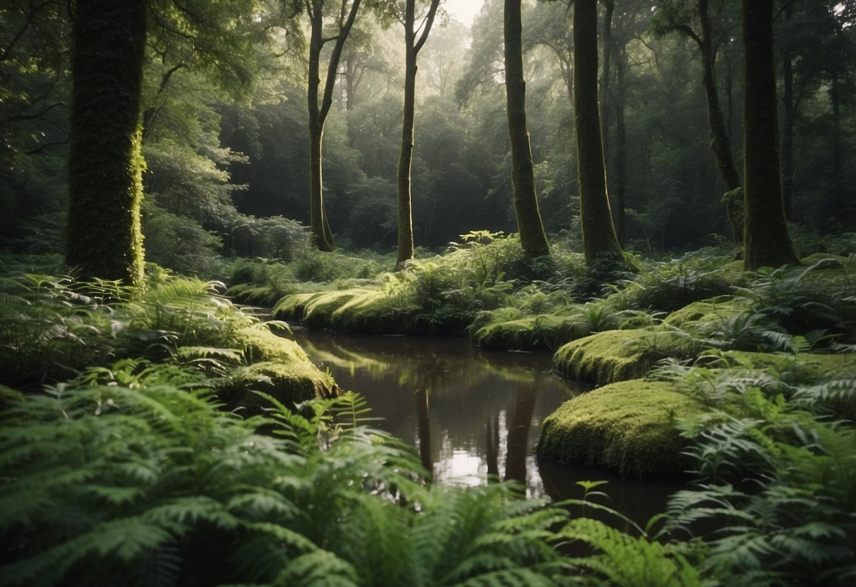 A lush forest with diverse vegetation, a tranquil pond, and various animal tracks leading to a secluded clearing