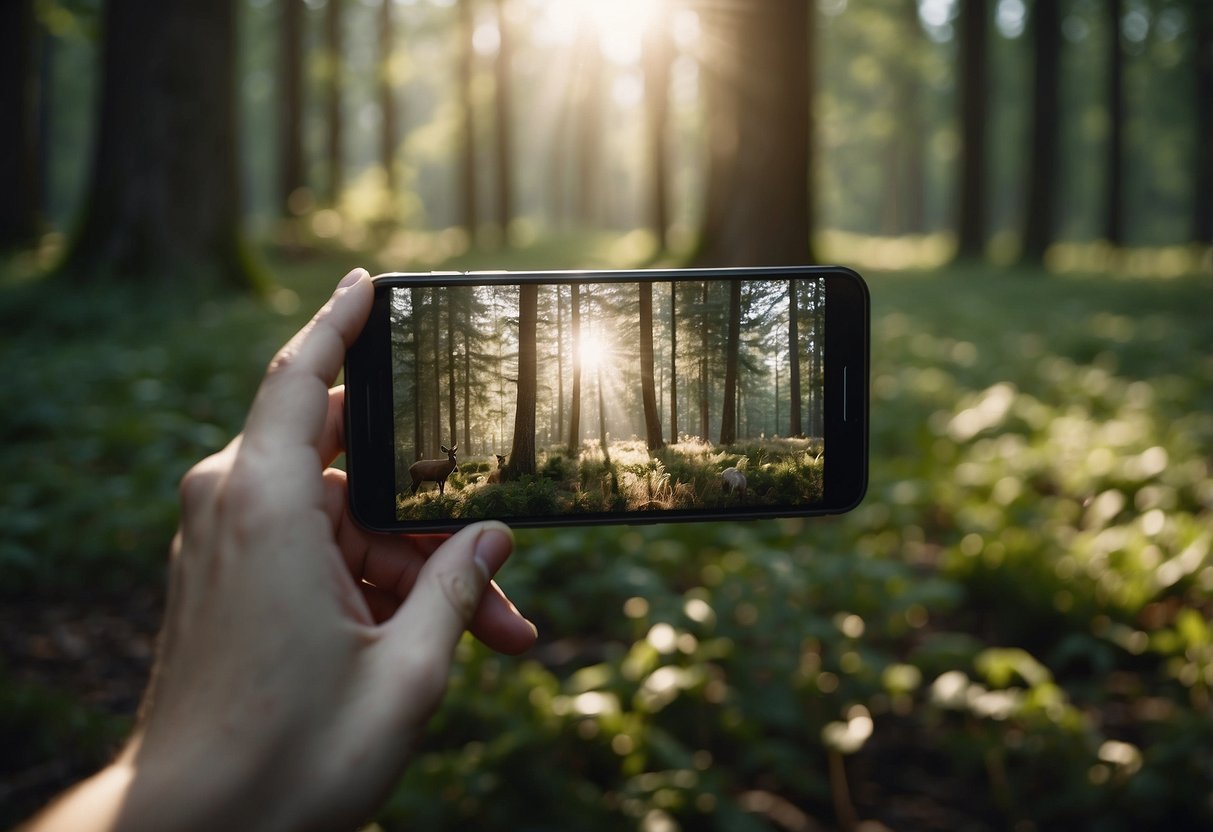 A serene forest clearing with a variety of wildlife, including birds, deer, and rabbits. A person is using binoculars and a smartphone to locate and document the animals. The scene is set in the early morning with soft sunlight filtering through the trees