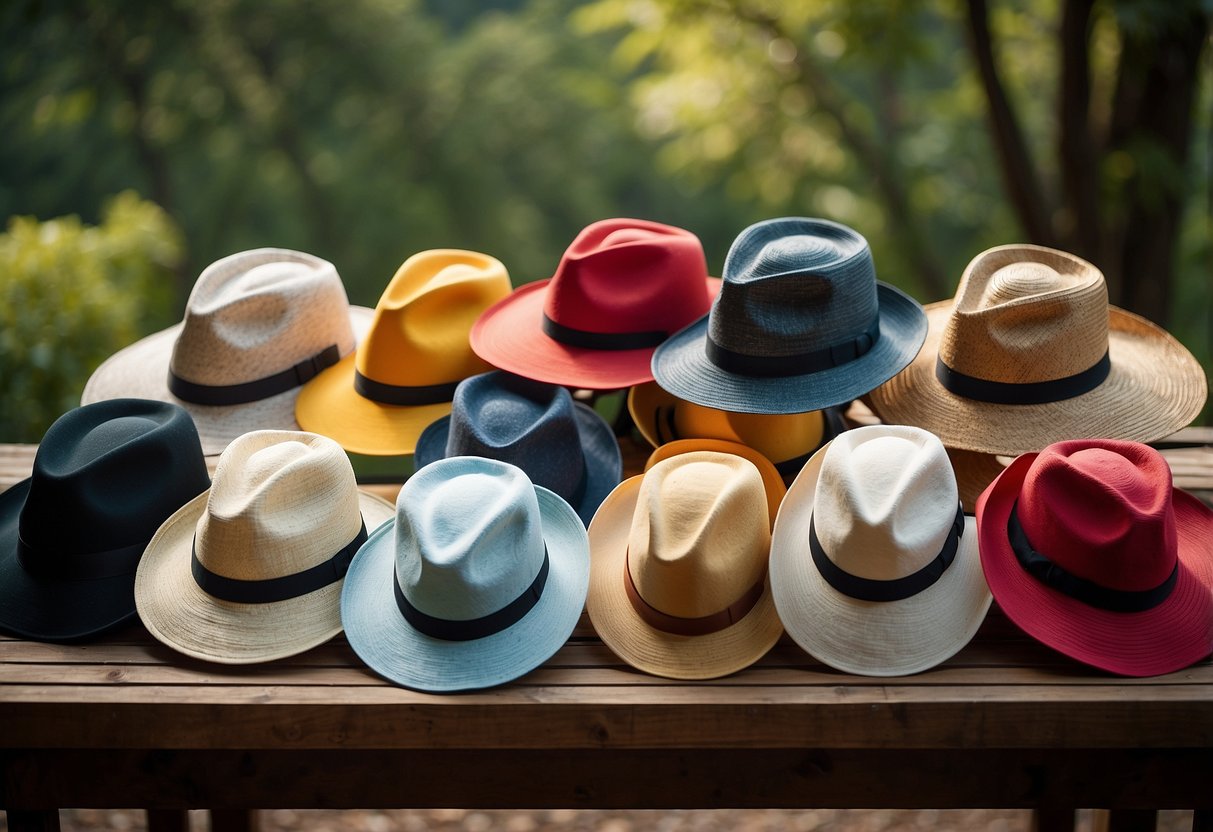 Women's hats arranged on a sunlit outdoor table, surrounded by trees and wildlife. Each hat is lightweight and designed for wildlife watching