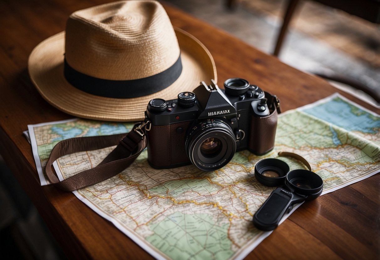 A woman's adventure hat sits atop a wooden table, surrounded by binoculars, a camera, and a map. The hat is lightweight and designed for wildlife watching, perfect for a Sunday afternoon adventure