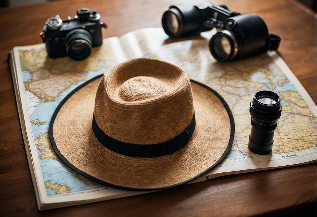 A woman's hat, the Columbia Global Adventure Hat, sits atop a wooden table surrounded by binoculars, a map, and a journal