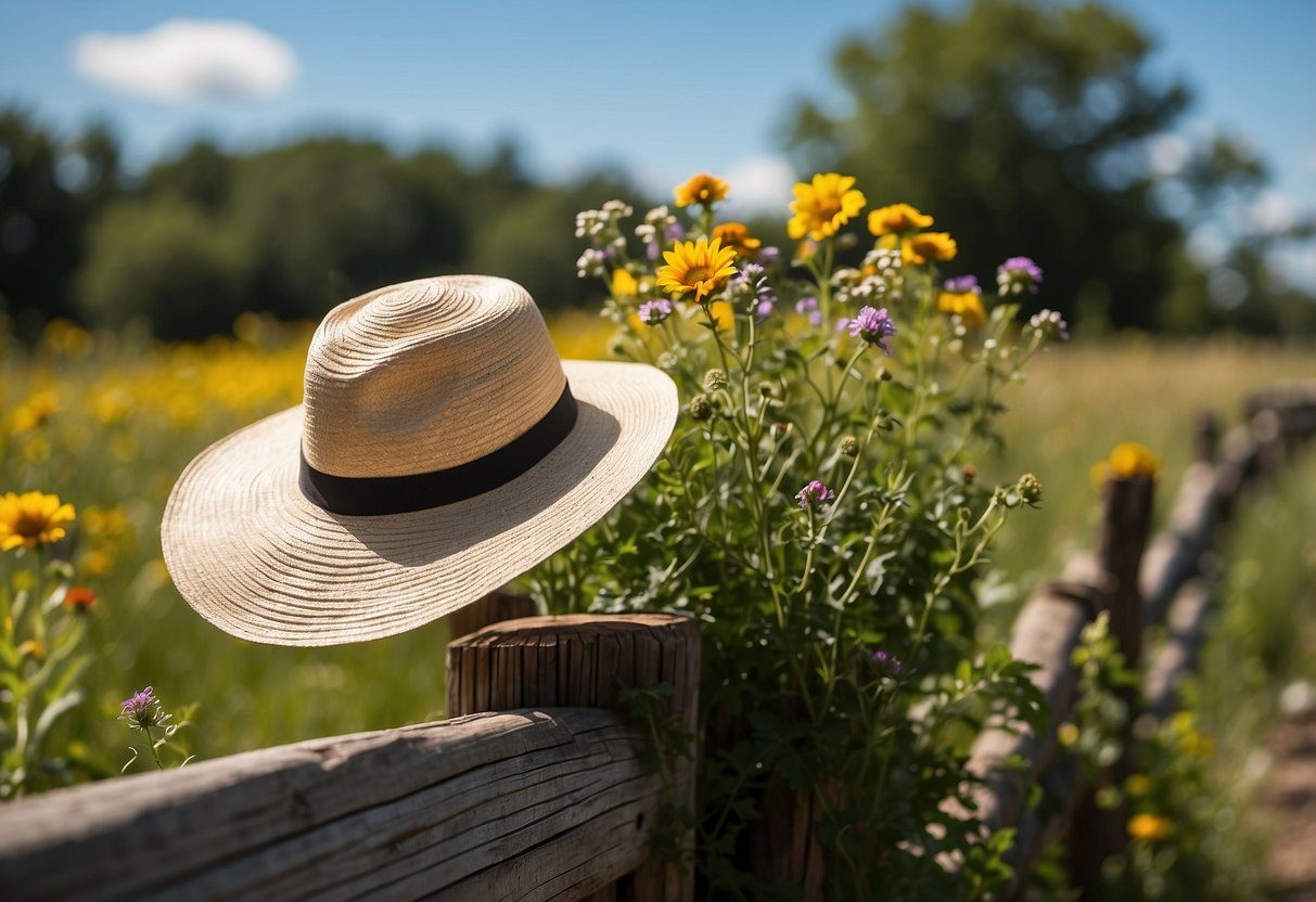 A woman's sun hat sits atop a wooden fence post, surrounded by lush green foliage and vibrant wildflowers, with a clear blue sky in the background