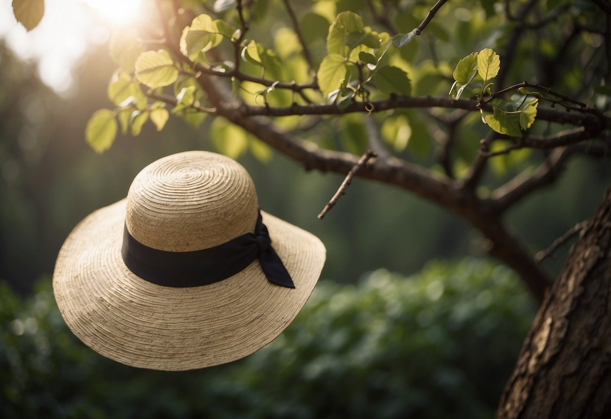 A woman's Victoria sun hat hangs on a tree branch near a wildlife watching spot