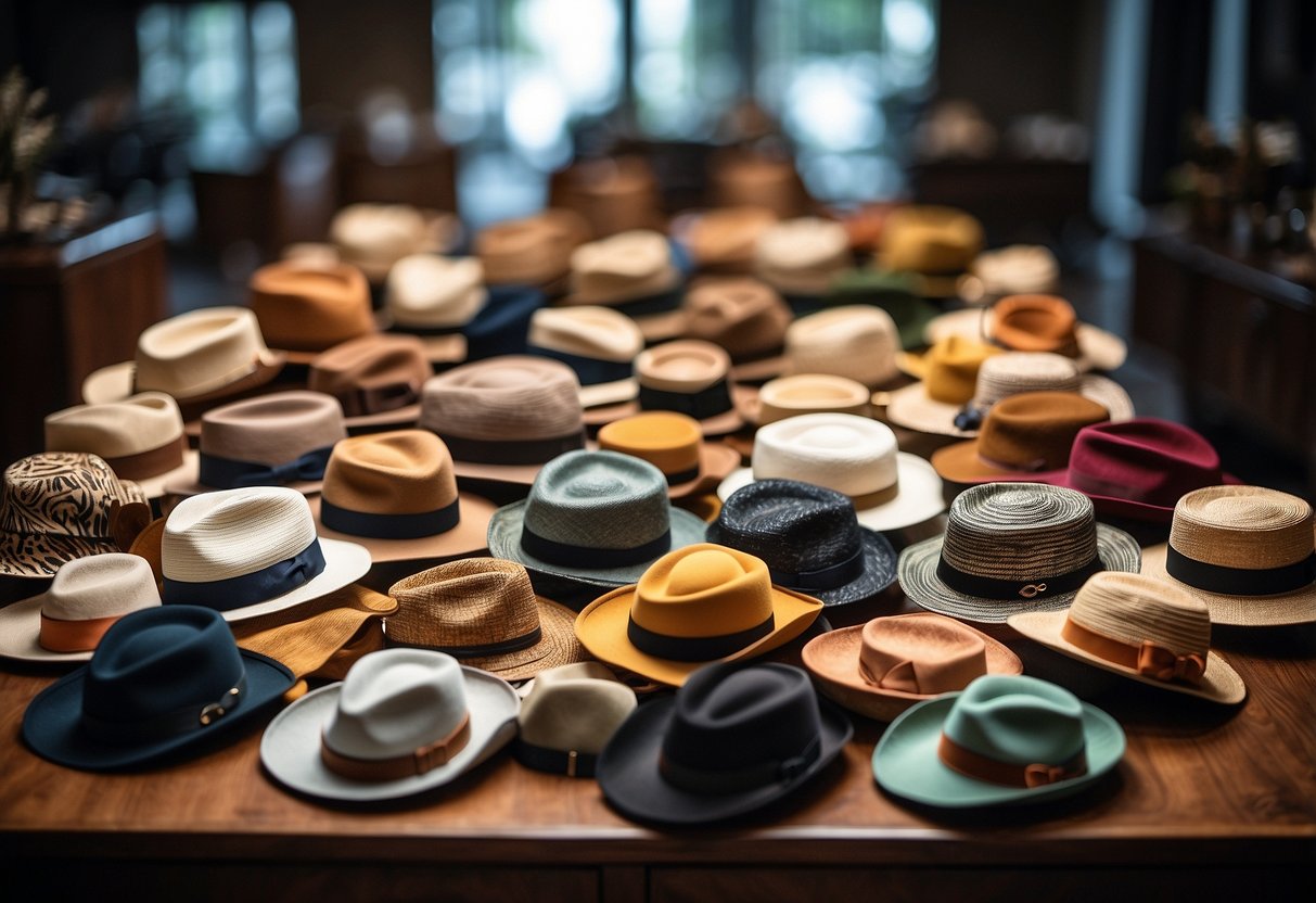 A woman's hat collection displayed on a table, featuring lightweight, breathable designs with wildlife-inspired patterns and colors