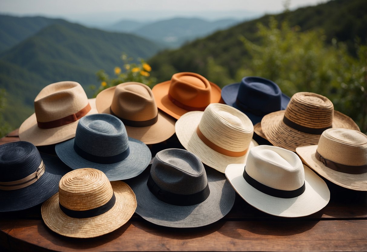 A woman's hat collection displayed on a rustic wooden table with nature-inspired patterns and lightweight materials