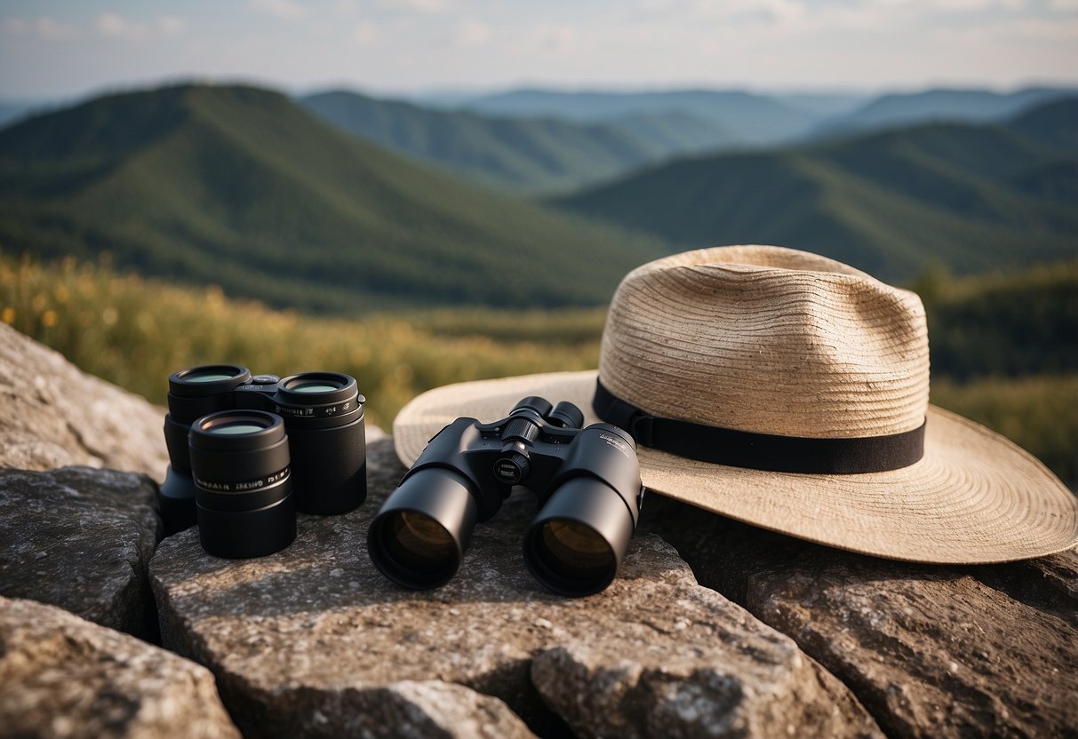 A woman's hat with wide brim and neutral colors, sitting atop a rocky outcrop with binoculars and a field guide nearby