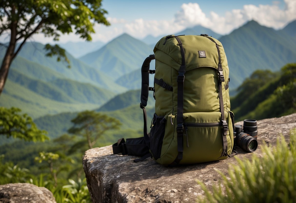 A backpack, binoculars, and camera lay on a rocky path surrounded by lush greenery and wildlife. In the distance, a majestic mountain range looms, creating a picturesque backdrop for wildlife watching