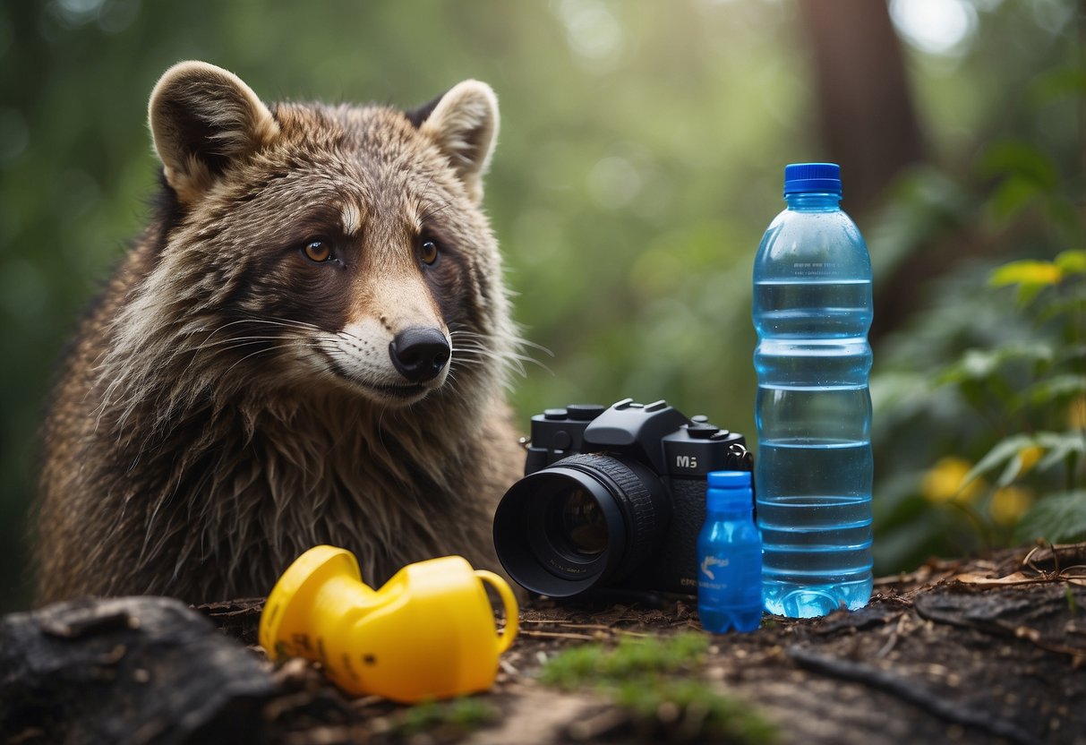 Wildlife watching scene with binoculars, camera, and reusable water bottle. Trash bag for collecting waste. Signs with waste management tips. Litter-free environment with diverse wildlife