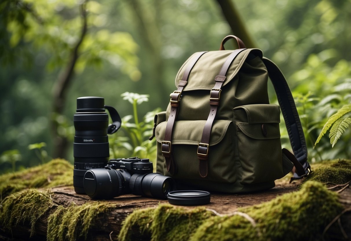 A nature scene with a backpack, binoculars, and reusable containers surrounded by wildlife and lush vegetation