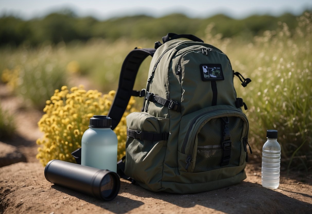 A wildlife watcher places biodegradable trash bags in a backpack, surrounded by binoculars, a field guide, and a water bottle