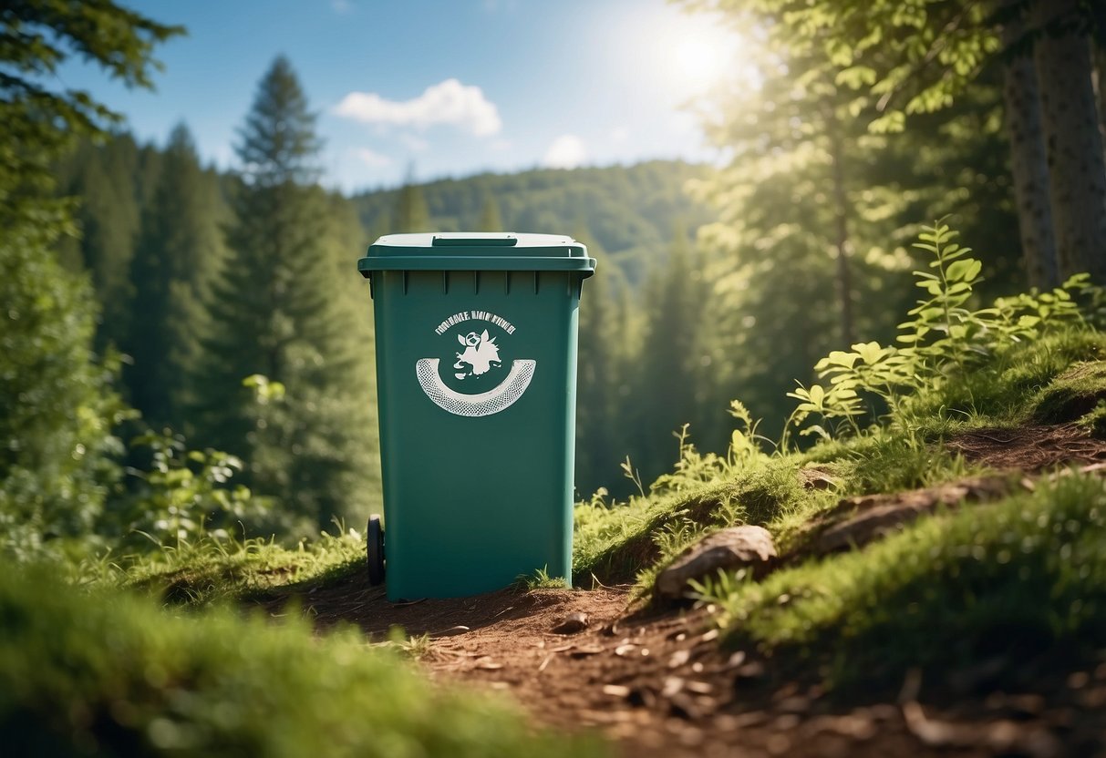 A serene forest clearing with wildlife and a small bin for eco-friendly waste disposal, surrounded by lush greenery and clear blue skies