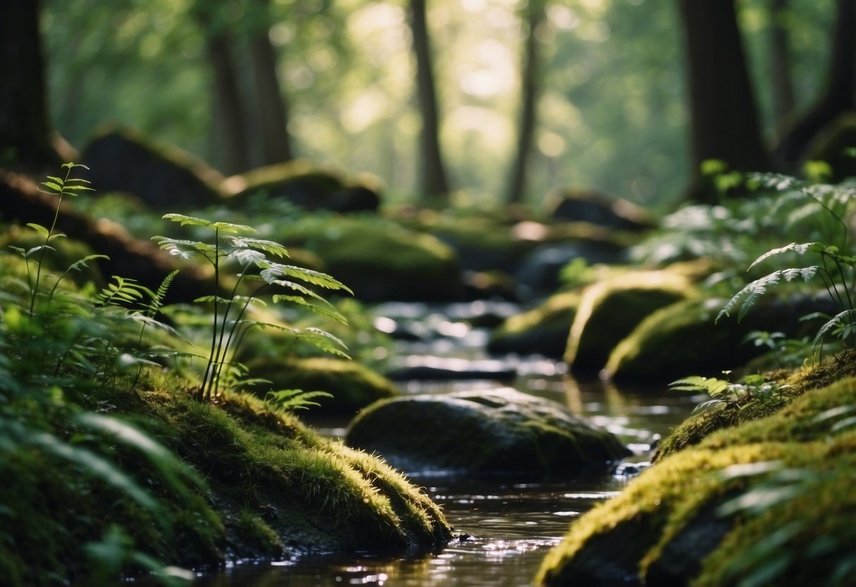 Lush forest with diverse wildlife, clear streams, and vibrant flora. Trash-free environment with proper waste management. Wildlife coexisting peacefully in their natural habitat