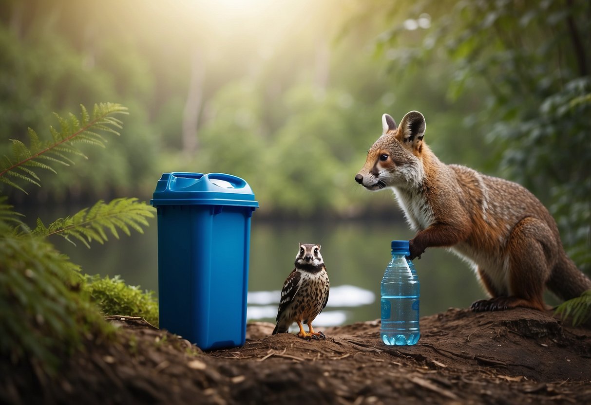 Wildlife watching scene with reusable water bottles, biodegradable bags, and a recycling bin. No single-use plastics in sight. Wildlife peacefully coexists with nature-friendly waste management