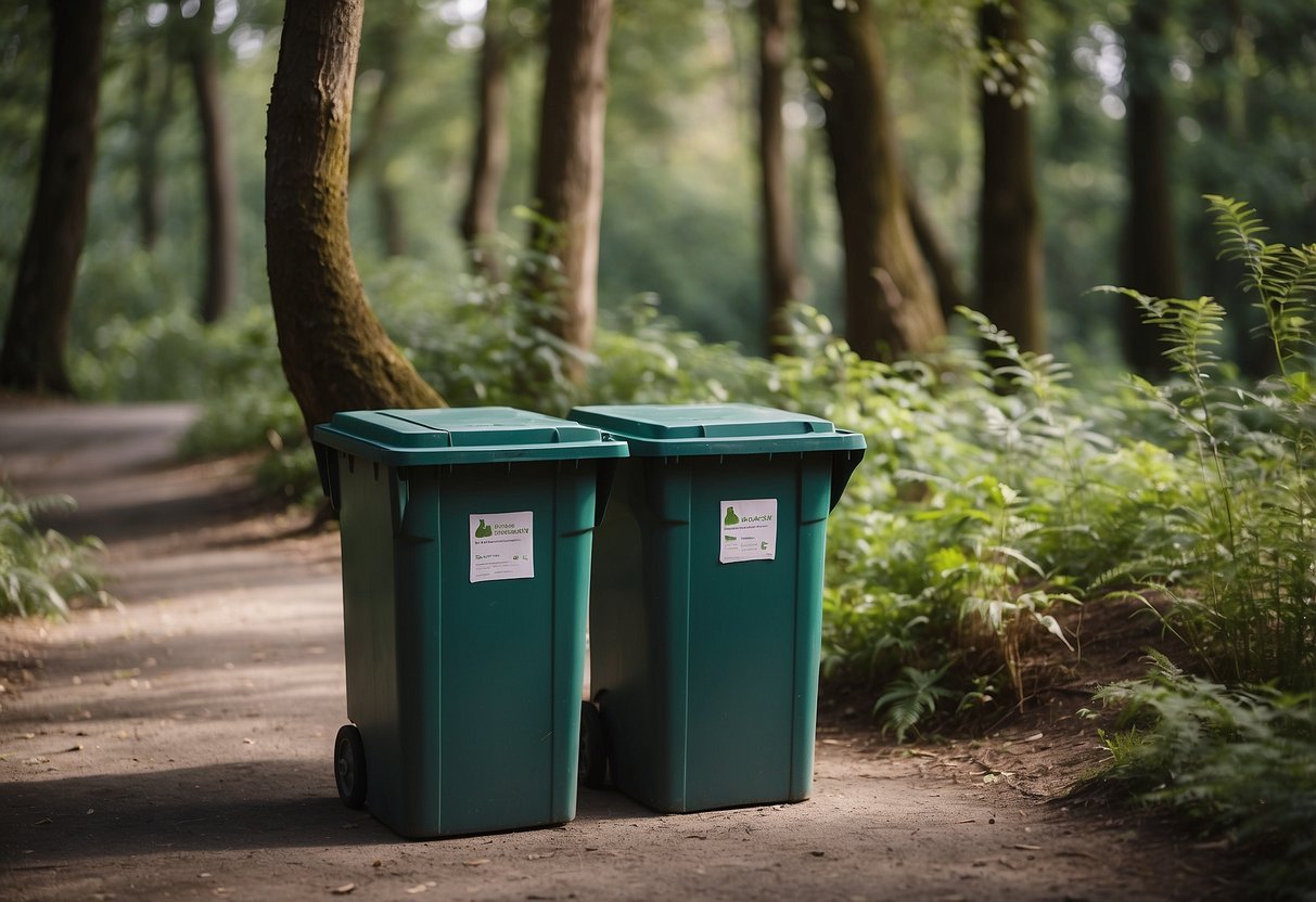 A serene wildlife area with clean, labeled waste bins. Visitors dispose of waste responsibly. Wildlife roams freely in their natural habitat