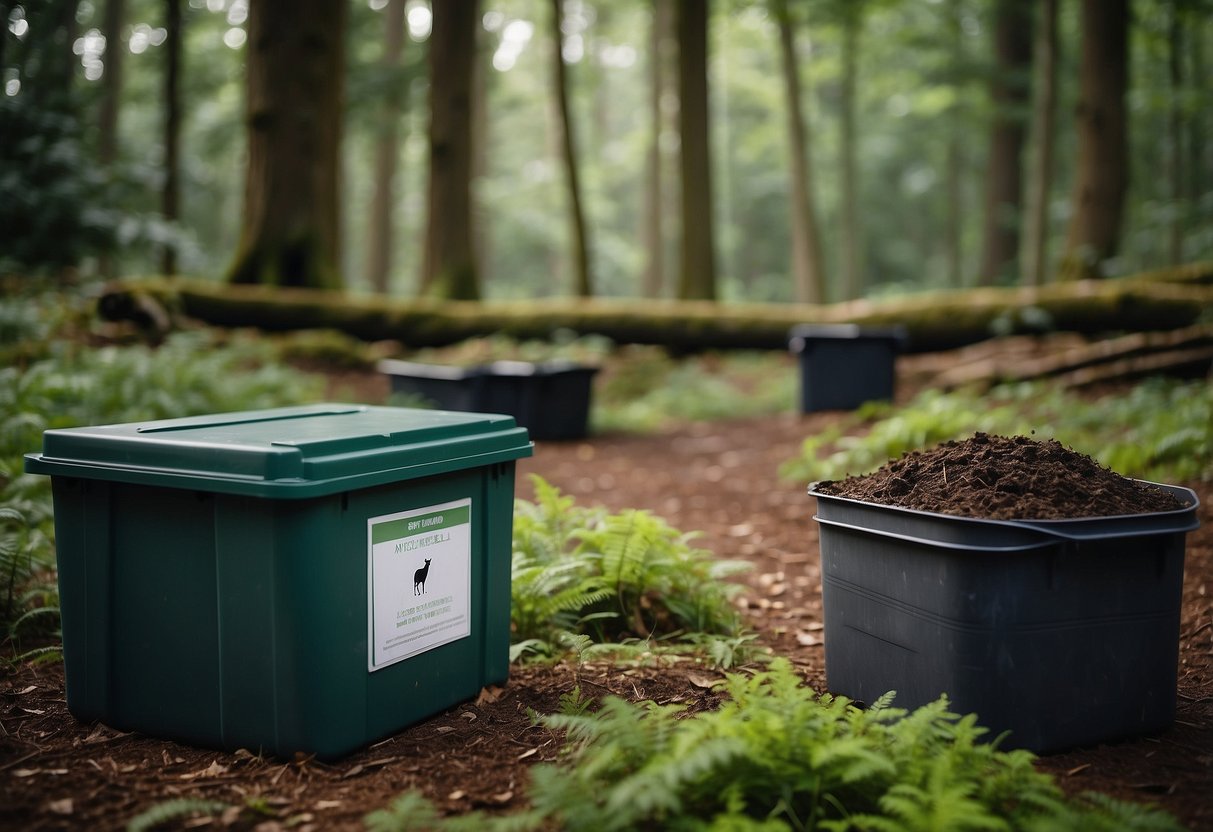 A serene forest clearing with wildlife, surrounded by reusable containers and a compost bin. A sign displays "7 Tips for Managing Waste While Wildlife Watching"