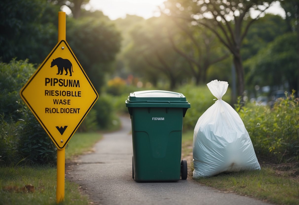 A wildlife watcher disposes of trash in a designated bin, while a sign nearby lists tips for responsible waste management