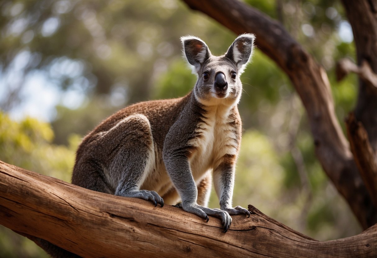 Vibrant Australian landscapes teeming with diverse wildlife; kangaroos, koalas, and colorful birds in their natural habitats